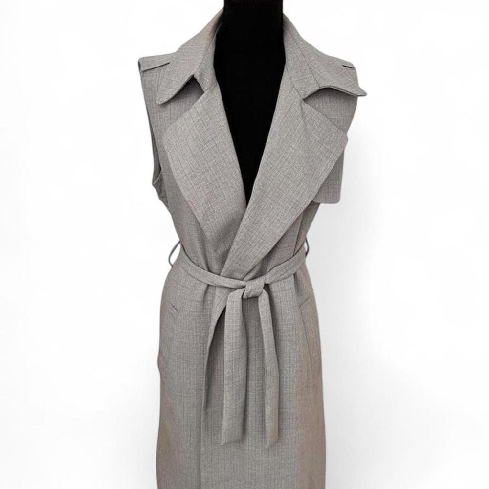 Womens Gray Sleeveless Trench Coat Vest Belted Midi Lightweight Duster Small